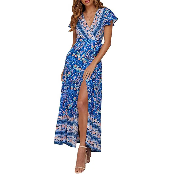 Women's Bohemian Floral Printed Wrap V Neck Maxi Dress