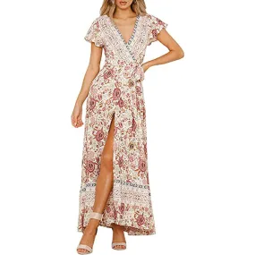 Women's Bohemian Floral Printed Wrap V Neck Maxi Dress