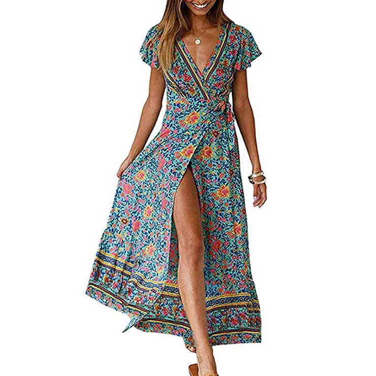 Women's Bohemian Floral Printed Wrap V Neck Maxi Dress