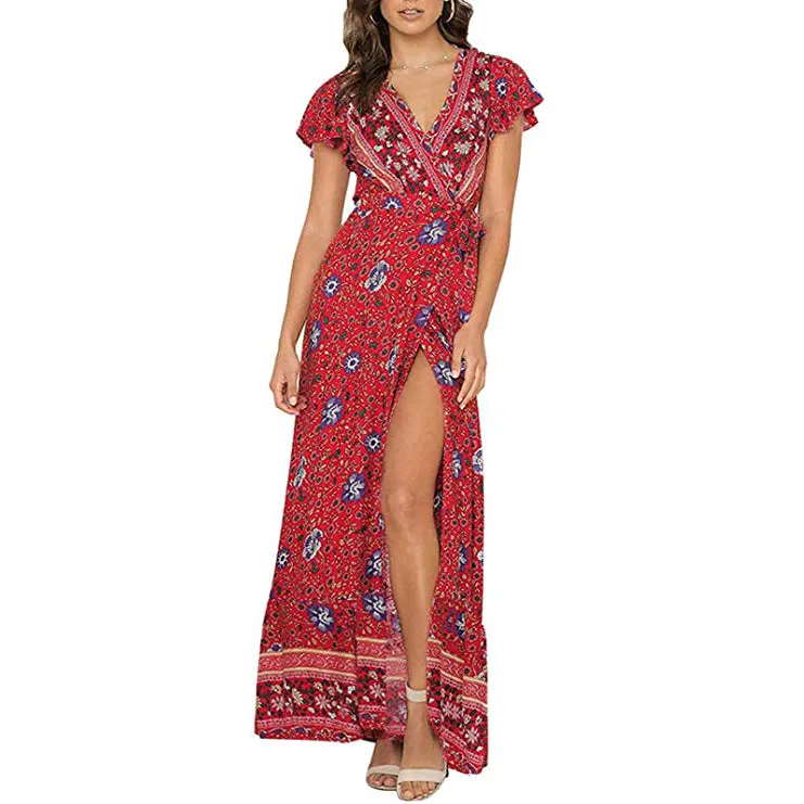 Women's Bohemian Floral Printed Wrap V Neck Maxi Dress