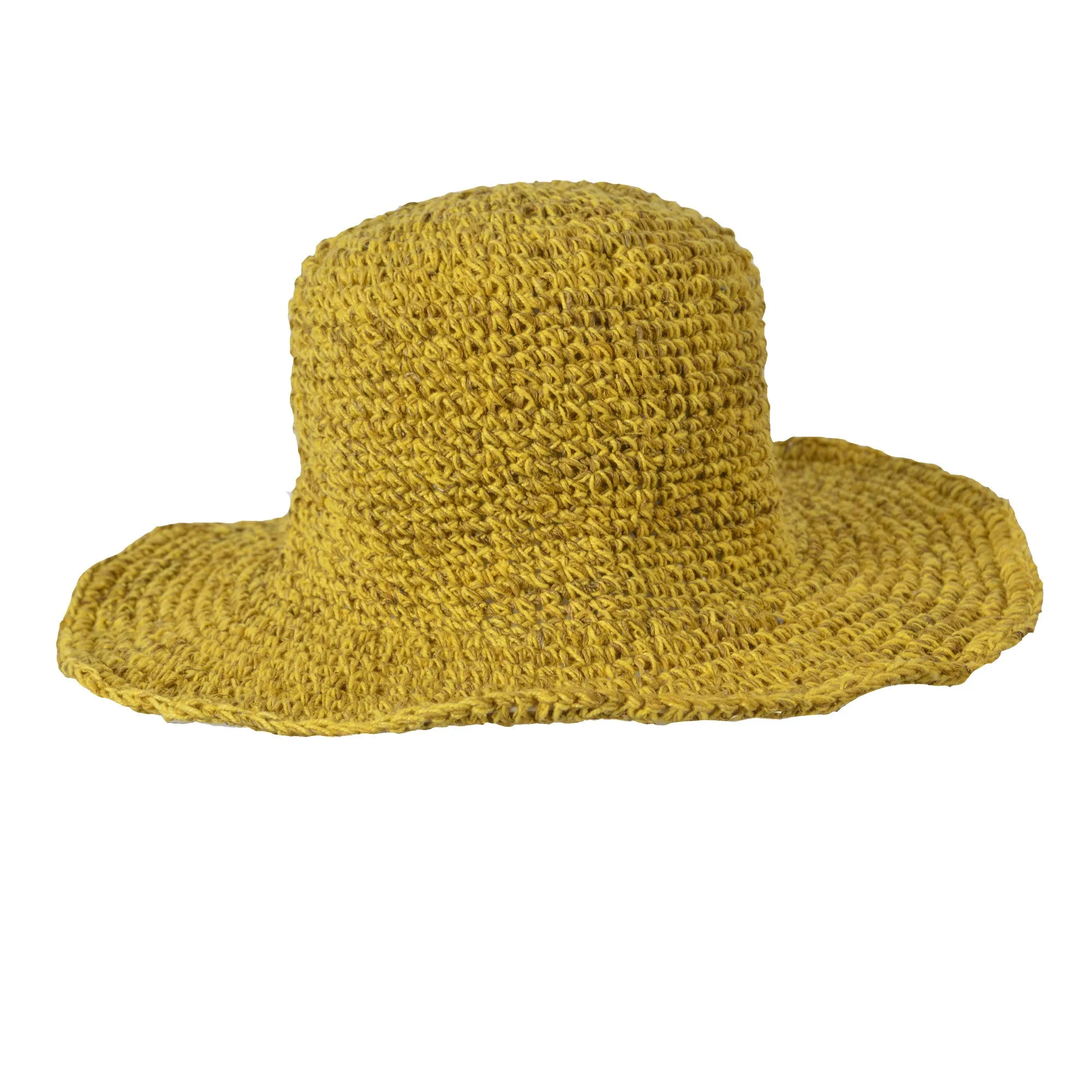 Yellow Wide Brim Knitted Summer Crochet Hemp Cotton Mix Hat.