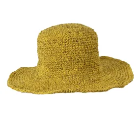 Yellow Wide Brim Knitted Summer Crochet Hemp Cotton Mix Hat.