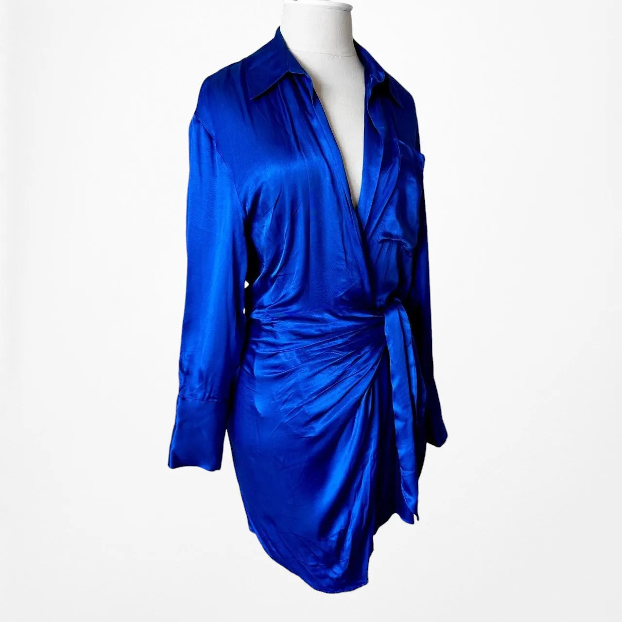 Zara Blue Satin Long Sleeve Wrap Mini Shirt Dress Size XS/S